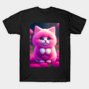 Fluffy Pink Cat - Modern Digital Art T-Shirt